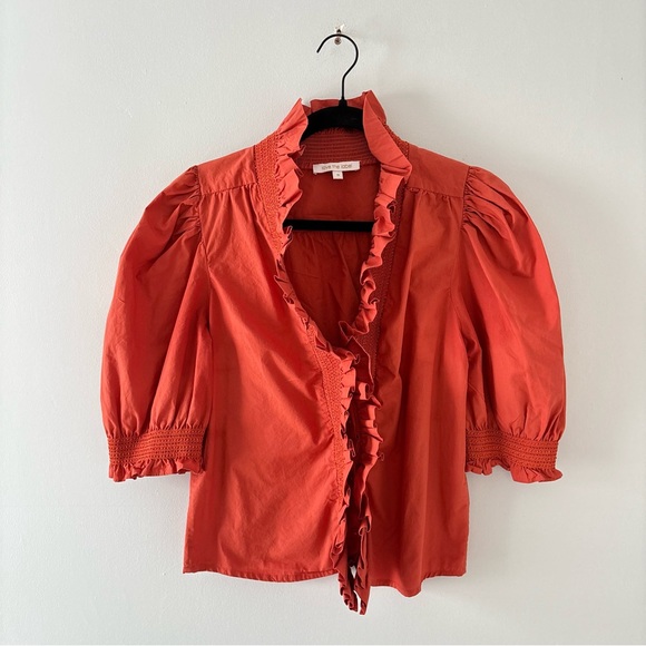 Love The Label Tops - Love The Label Zuri Top Cotton Poplin Blouse Ruffled Neckline Smocked Placket